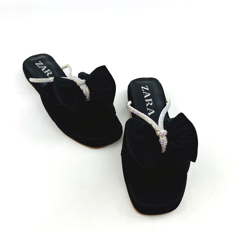 Velvet Bow Cushioned Wedges Platform Slide