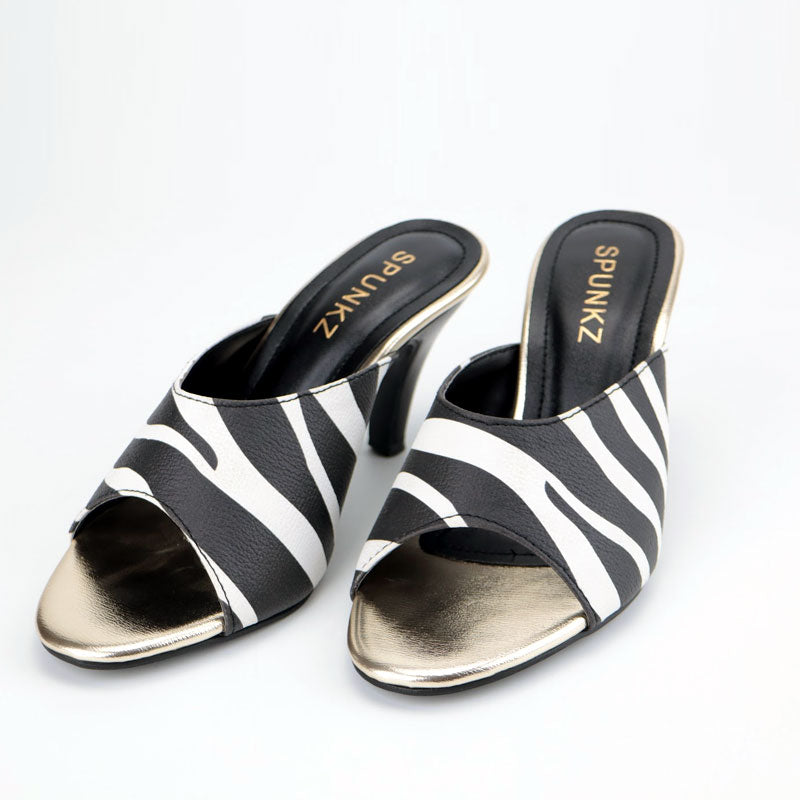 Zebra Strap Open Toe Metallic Sole Heeled Sandal